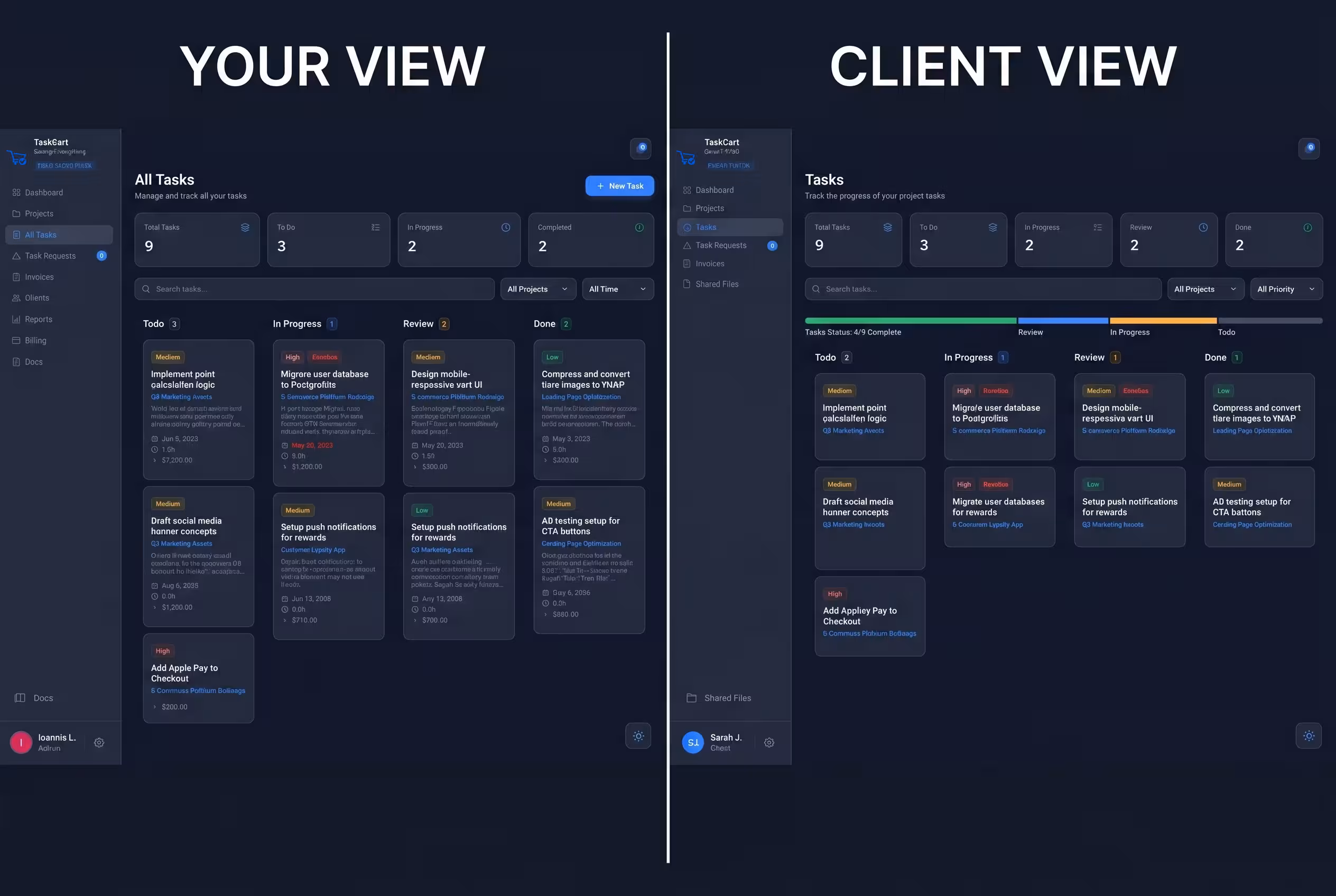 A split screen showing the TaskCart kanban board and the client portal view
