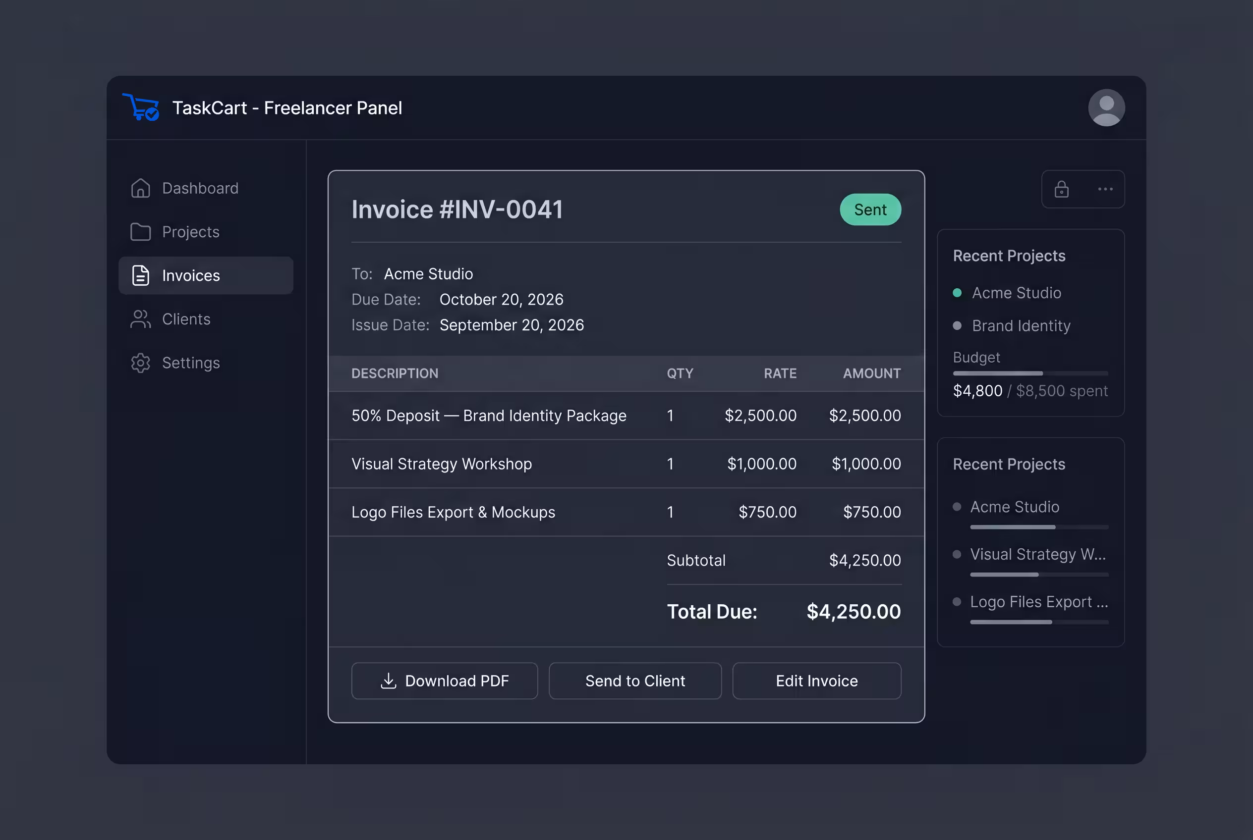 Example of an upfront deposit invoice on TaskCart