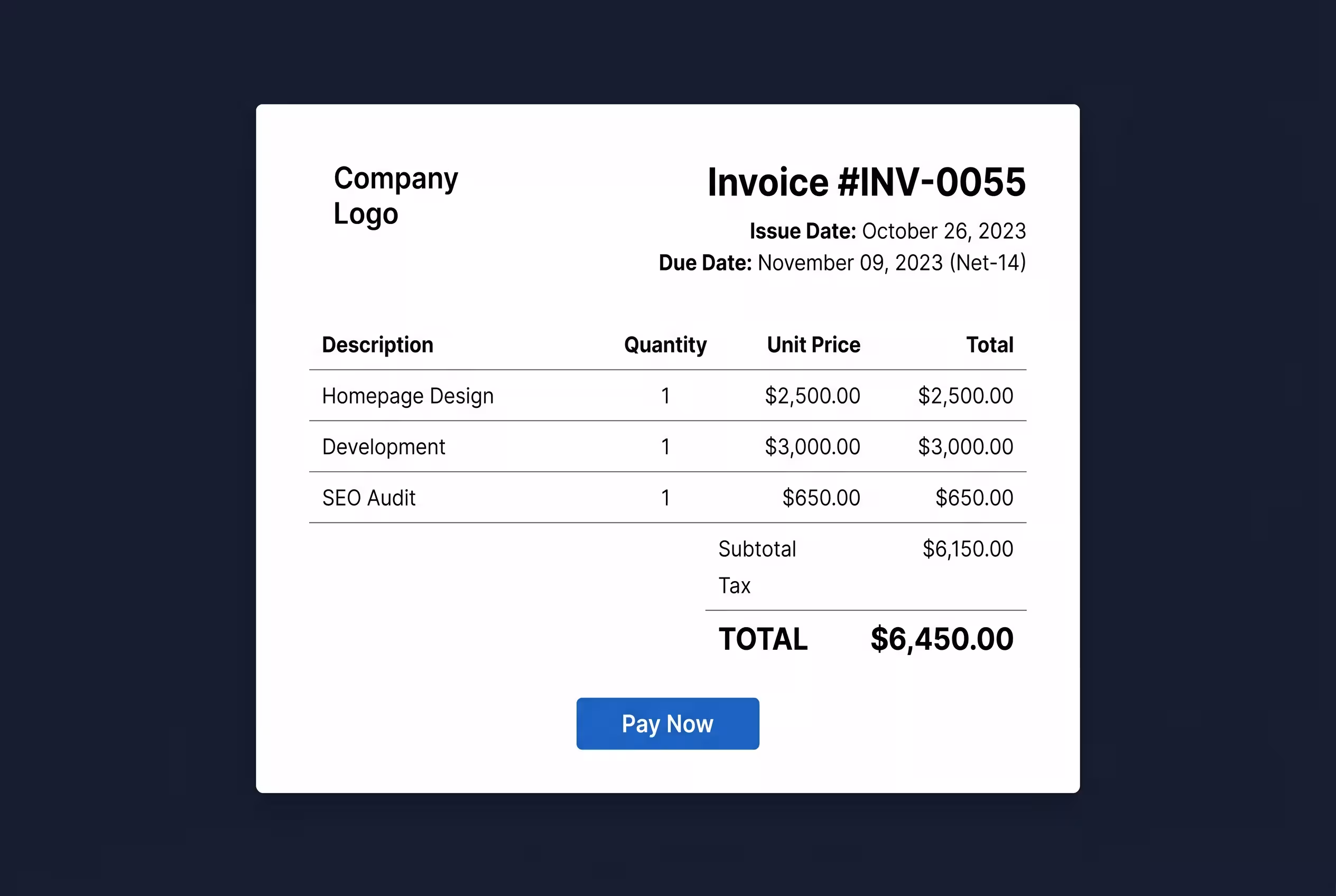 A perfectly formatted freelance invoice template generated by TaskCart