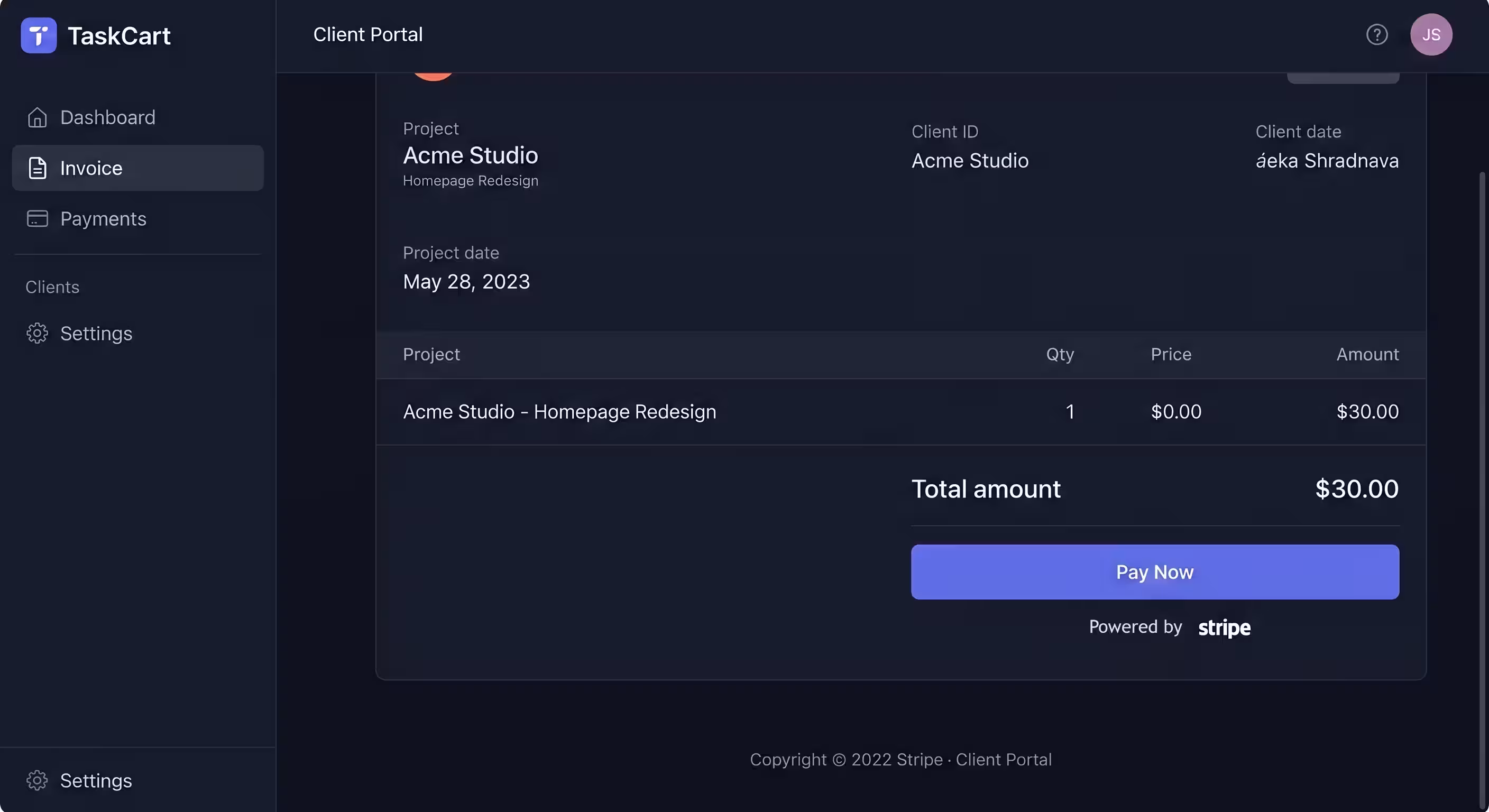 A one-click Stripe checkout button on a freelance invoice