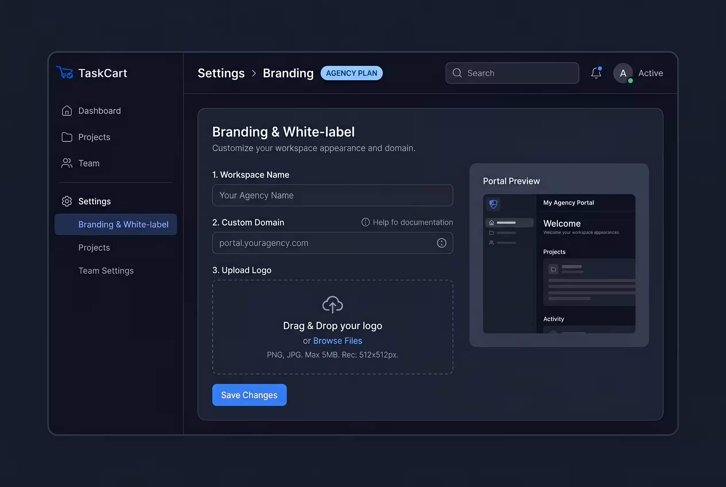 TaskCart white-label settings showing custom logo and domain configuration