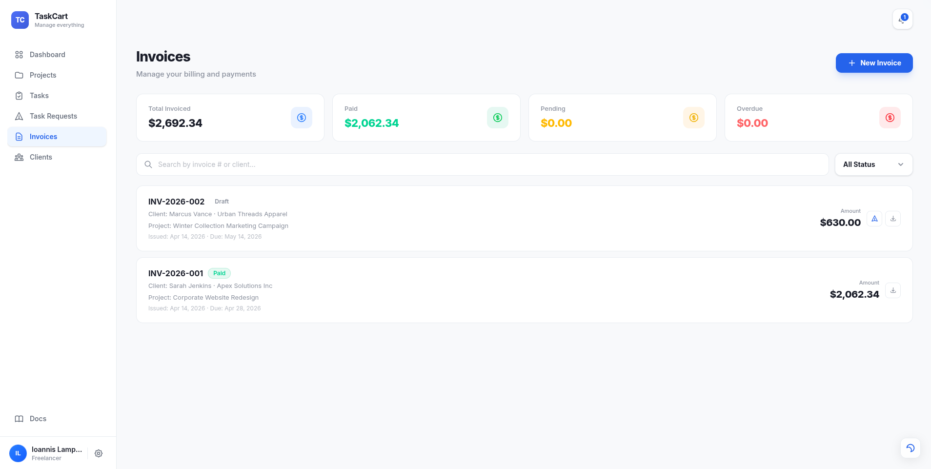 TaskCart Invoice Management screenshot showing live financial data
